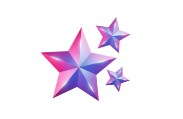 Three dimensional rendering of three shiny, gradient stars in shades of pink and purple, isolated on transparent background