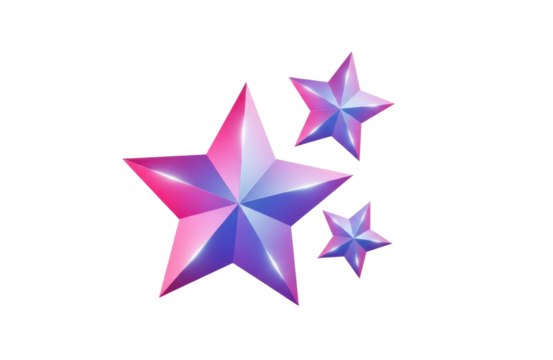 Three dimensional rendering of three shiny, gradient stars in shades of pink and purple, isolated on transparent background