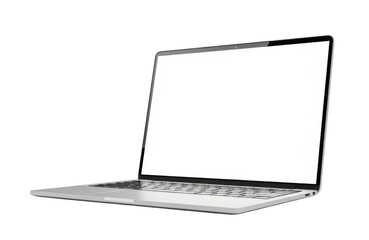 Modern silver laptop computer with blank white screen open and angled, isolated on transparent background for easy copy space and design integration