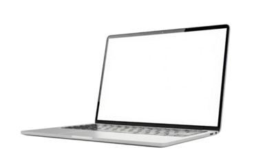 Modern silver laptop computer with blank white screen open and angled, isolated on transparent background for easy copy space and design integration