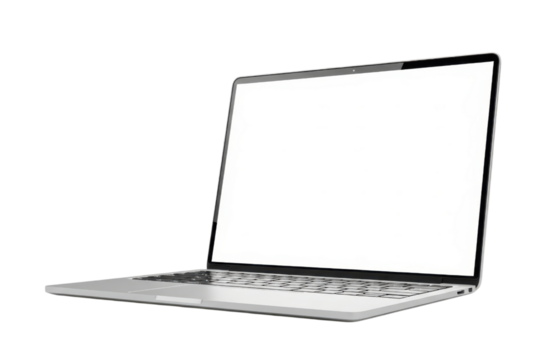 Modern silver laptop computer with blank white screen open and angled, isolated on transparent background for easy copy space and design integration