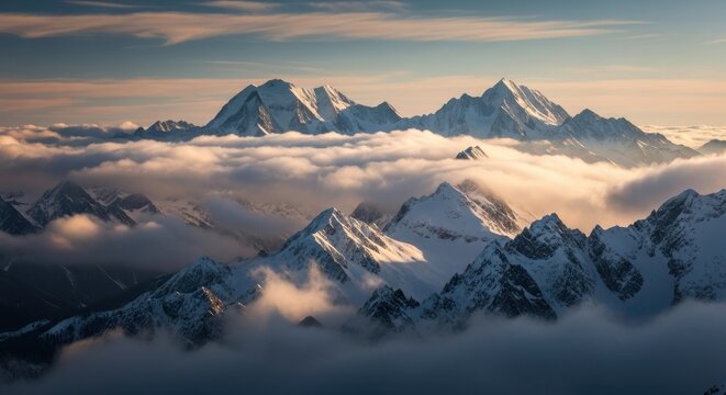 Majestic snowy mountains shrouded in clouds offering a breathtaking vista from above revealing a - Powered by Adobe