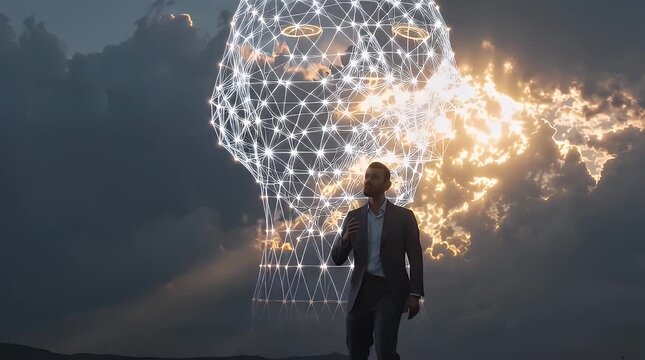 Human Silhouette with Digital Brain against Cloudy Sky Background with ai generated