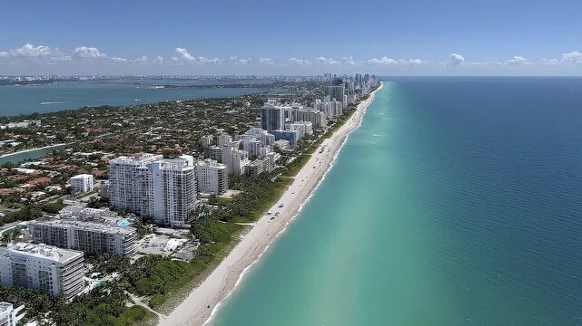 Aerial view showcases a coastline with highrise buildings sandy beach and turquoise ocean under a blue sky