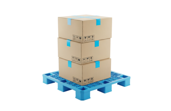 Three stacked cardboard shipping boxes secured with blue tape resting on a blue plastic pallet, isolated on transparent background for logistics and delivery concept