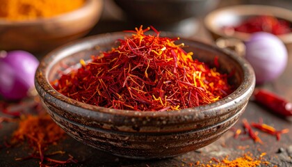 Fototapeta premium A captivating photo featuring saffron threads and powder spice presented in a rustic ceramic bowl