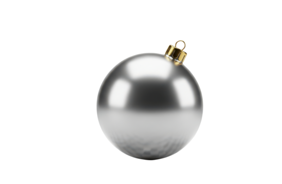 A single, shiny silver christmas tree ornament with a gold cap, isolated on transparent background, perfect for holiday decoration themes and festive design projects