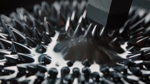 Close-up of black ferrofluid forming intricate spikes under the influence of a magnetic field, demonstrating magnetic properties.