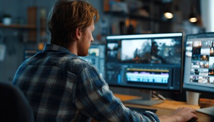 Fototapeta premium Young Videographer Editing A Film With Modern Software For Post Production In A Home Office. Movie Maker'S Post-Production Process.