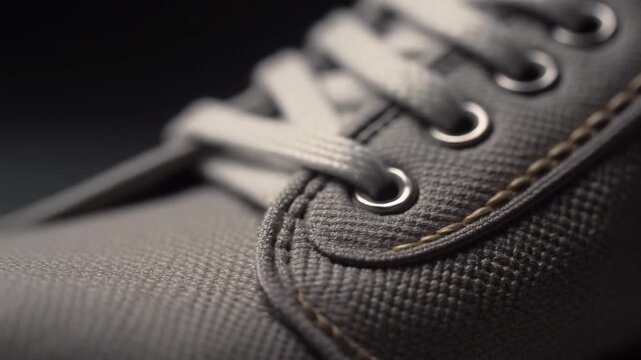 Close-up detail of a grey canvas shoe with white shoelaces and metal eyelets.