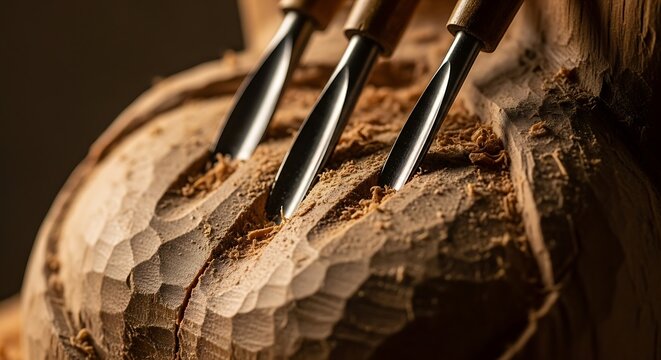 Close-up of detailed woodworking with carving chisels skillfully shaping a piece of timber demonstrating handcrafted art