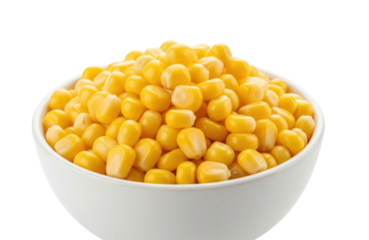 A closeup view of a white bowl filled to the brim with bright yellow sweet corn kernels, isolated on transparent background