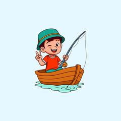Boy fishing on a boat. Flat illustration of fishing
