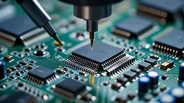 Close-up of a circuit board with microchips and precision tools for electronics manufacturing and testing.
