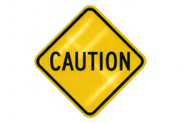 Yellow reflective caution warning sign alerting to danger or attention, indicating safety ahead, transparent background