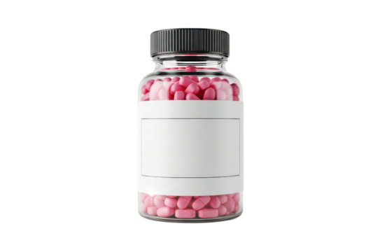 Realistic 3d rendering of a clear glass medicine bottle with a black screw cap filled with small pink oval pills, featuring a blank white label for custom text, isolated on transparent background