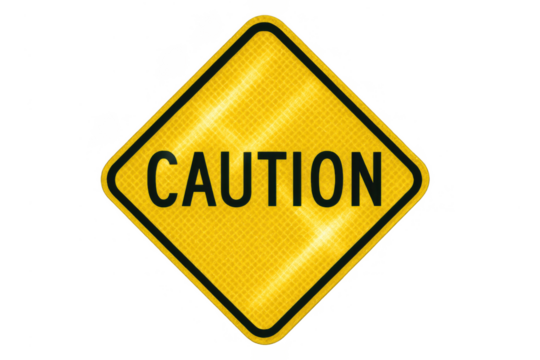 Yellow reflective caution warning sign alerting to danger or attention, indicating safety ahead, transparent background