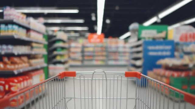 Blurry video of empty supermarket cart moving forward in store for buy some goods and products on the left and right hand shelf.