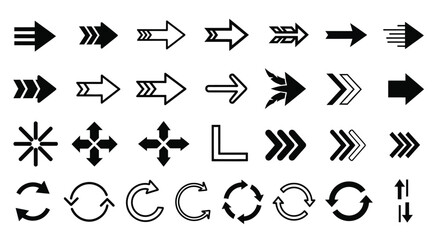 Naklejka premium Collection of various black arrow designs pointing in different directions on white background 