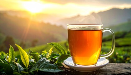 A refreshing cup of tea with tea leaves alongside a natural background photo