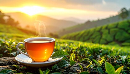 A refreshing cup of tea with tea leaves alongside a natural background photo