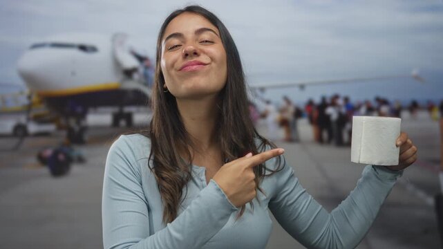 Woman smiling and pointing at toilet paper roll outdoors at airport terminal with airplane in background, capturing humorous travel moment.