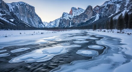 Majestic vista of frozen landscape featuring towering mountains and icy river