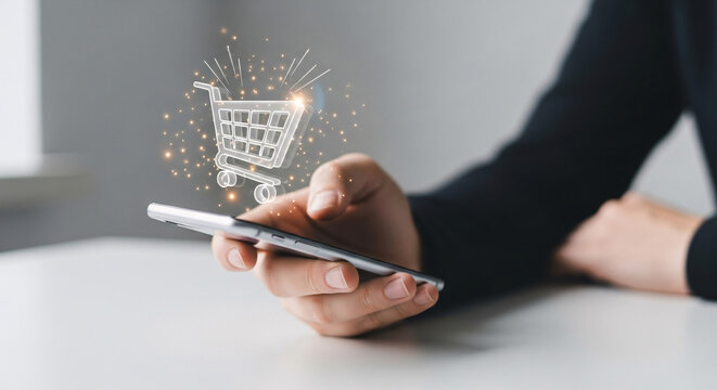 A person holding a smartphone with a glowing digital shopping cart icon symbolizing online shopping and e-commerce.