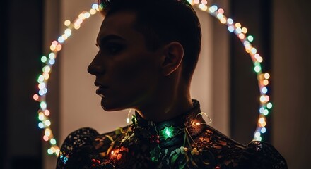 Moody profile portrait of a person wearing illuminated clothing with a halo of lights. Cozy Christmas Background