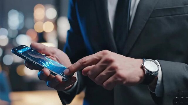 Businessman Using Smartphone for Financial Analysis at Night. - Powered by Adobe