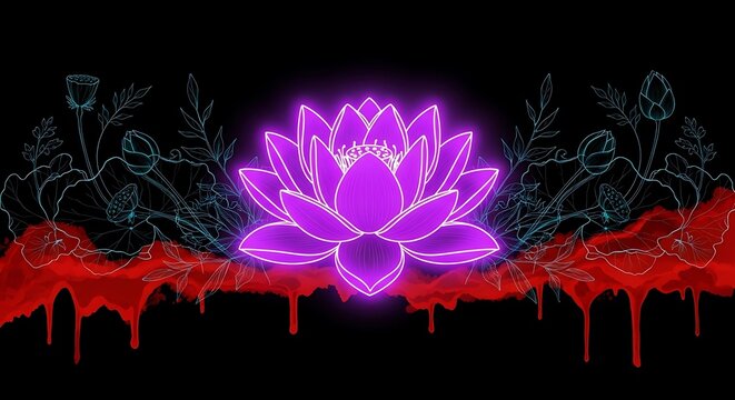 Ethereal floral display with neon lotus and flowing crimson accents - Powered by Adobe