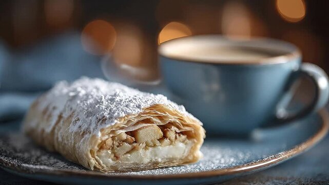 An apple strudel dusted with icing sugar served with coffee in a blue mug on a matching plate