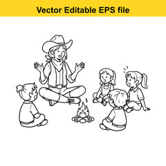 Cowboy leader telling story to group of children around campfire, vector illustration isolated on