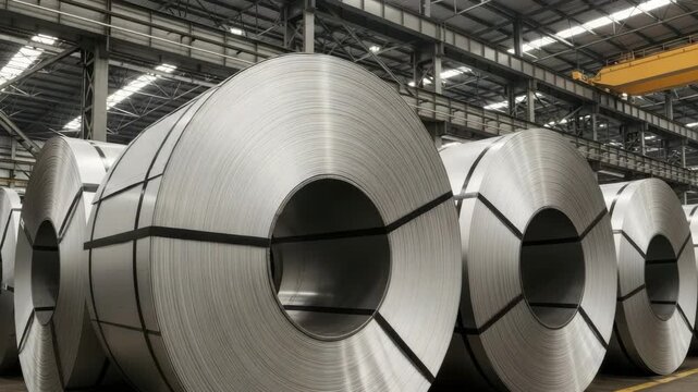 Metal Coil Manufacturing: Rows of Giant Shiny Steel Rolls Lined Up in a Manufacturing Plant, Heavy Industry Production