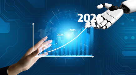 A visual representation of a human hand and robotic arm symbolizing collaboration in technology, with graphs showcasing projected growth trends from 2023 to 2026. Tessel