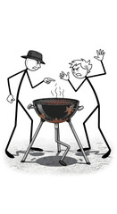 Stick Figure BBQ Argument: Two people bickering over a burnt grill, cooking mishap illustration.