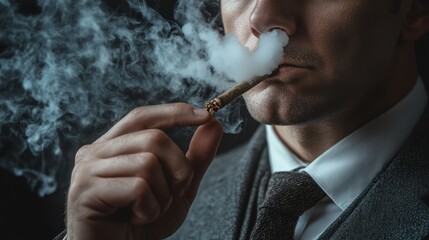 Fototapeta premium Man smoking cigar, close-up, dark background, possible use for smoking, vintage, style
