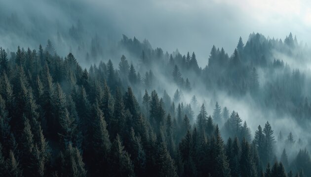 Foggy Skies: A Bird'S-Eye View Of A Pine Tree Forest In The Majestic Mountains. Atmospheric Mist Envelopes The Towering Trees.