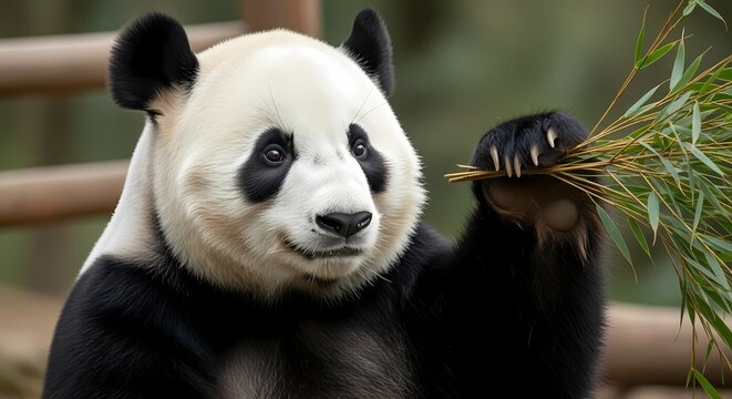 A giant panda with black and white fur is seen up close, happily eating green bamboo shoots with its paws. - Powered by Adobe