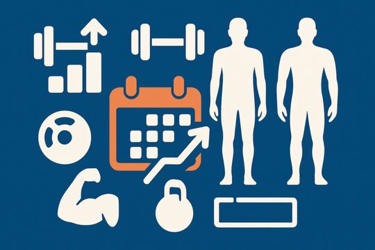 Infographic showcasing fitness journey with silhouettes of human figures weights calendar and charts demonstrating progress and commitment towards health and wellness transformation