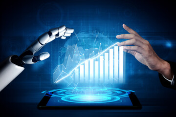 A visually striking image depicting the interaction between a human hand and a robotic arm,...