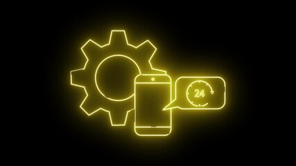 Yellow neon outline displays a gear mobile phone and 24hour assistance indicator