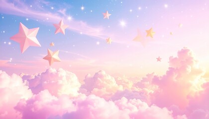 Soft Pink and Blue Pastel Sky with Fluffy Clouds and Shining Geometric Stars