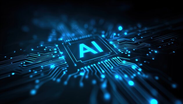 Hi-Tech Circuit Board With Glowing Ai And Electronic Elements For Ui And Gui, Featuring Futuristic Light Effects And Advanced Technology.