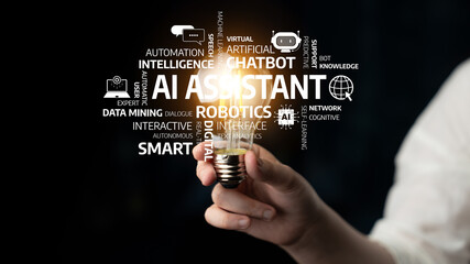 A hand holding a light bulb symbolizes bright ideas and innovation. The image features concept words related to artificial intelligence and technology against a dark background. Tessel