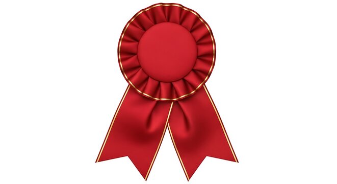 Red rosette ribbon with gold trim, isolated on white background.