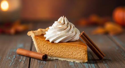 Delicious Pumpkin Pie Slice with Whipped Cream and Cinnamon