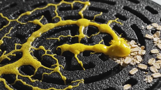 Close up of a yellow slime mold on a dark surface.
