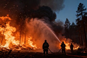 Obraz premium Firefighters Battling Wildfire with Water Hoses Amidst Burning Forest