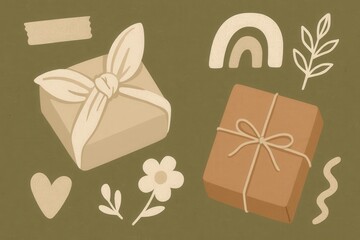 Creative gift wrapping aesthetic showcasing eco friendly materials and whimsical designs including brown kraft paper present wrapped with natural twine expressing sustainability and artistry